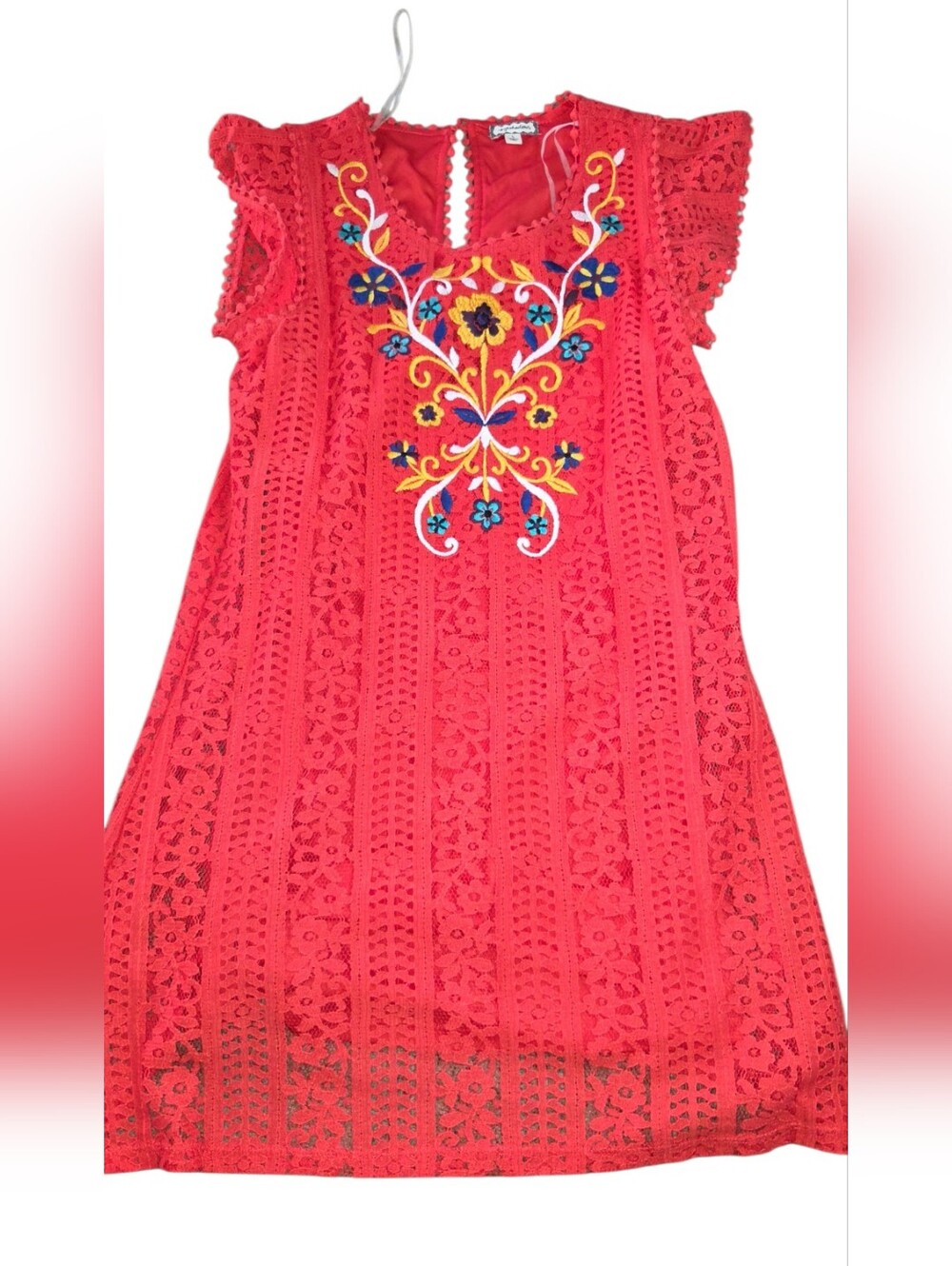 Eyeshadow Red Embroidered Crochet Midi Dress